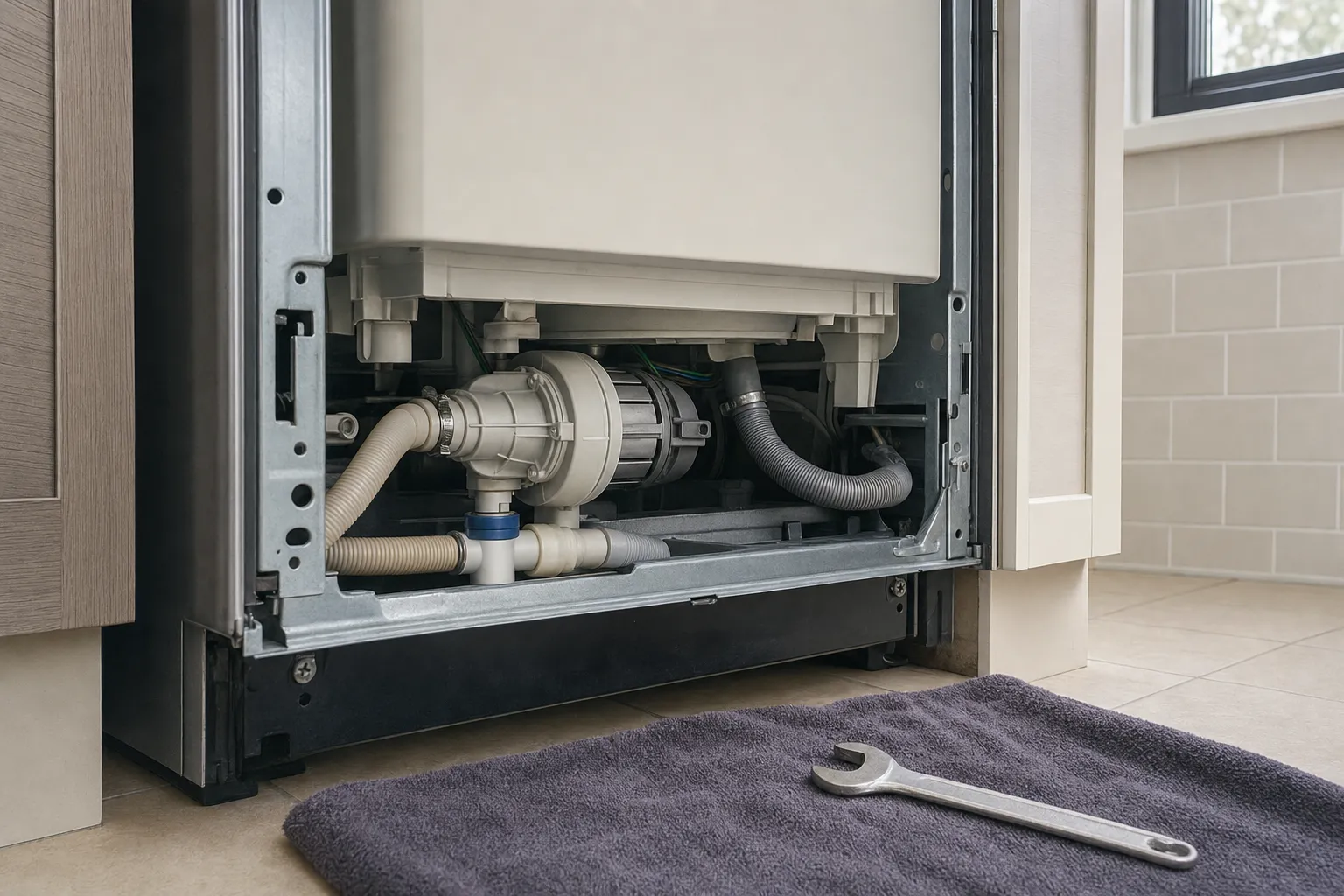 Dishwasher pulled out of its cabinet with the lower panel off, circulation pump and hoses exposed