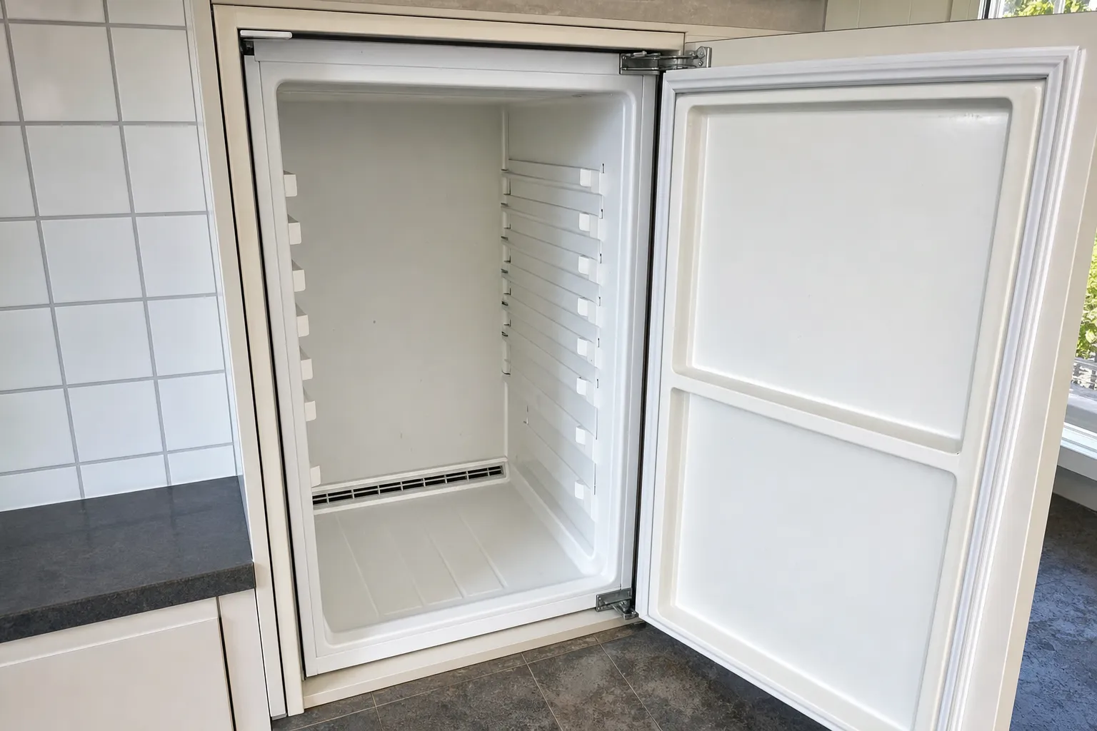 Built-in refrigerator compartment standing empty, door open on bare shelf supports and a floor vent