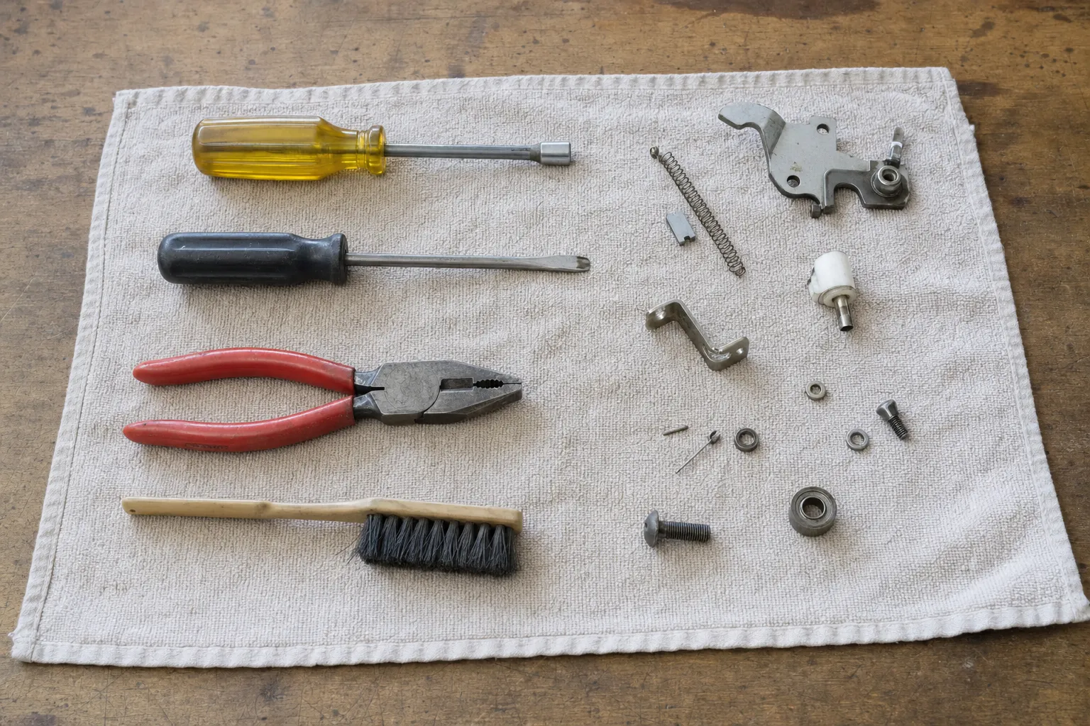 Screwdrivers, pliers and a brush laid out with a spring, bracket, bearing and screws on a cloth
