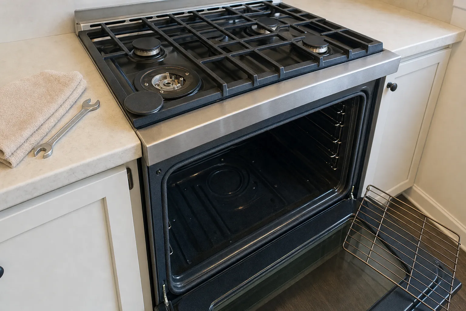 Slide-in gas range between cream cabinets, front burner uncapped with the cap beside it and an open-end wrench on a folded towel