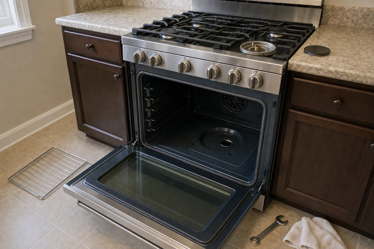Six-knob stainless range in dark wood cabinets, one burner cap set on the counter and the oven open to its convection fan